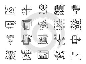 Data science line icon set. Included icons as big data, graph,Â AI, application, graph plotting, graph relation and more.